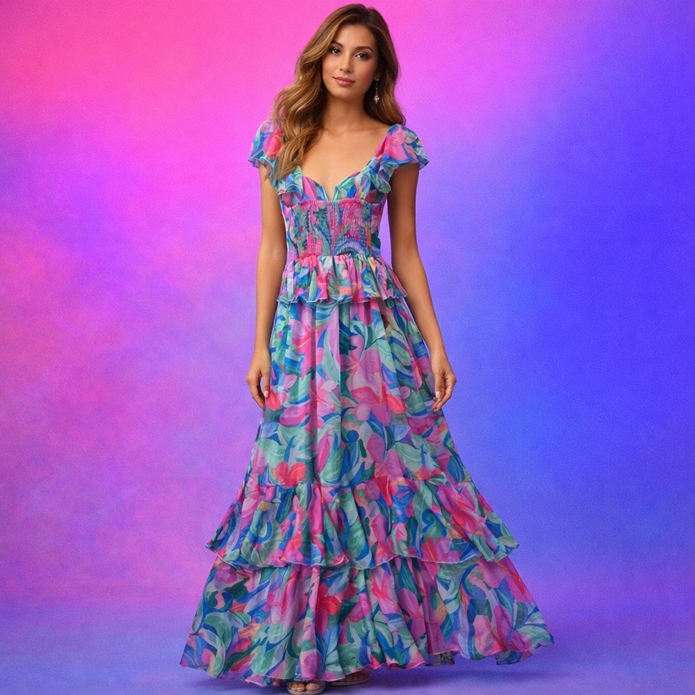 Show Me Your Mumu Floral Tiered Maxi Dress Pink Blue Ruffle Smocked XS New